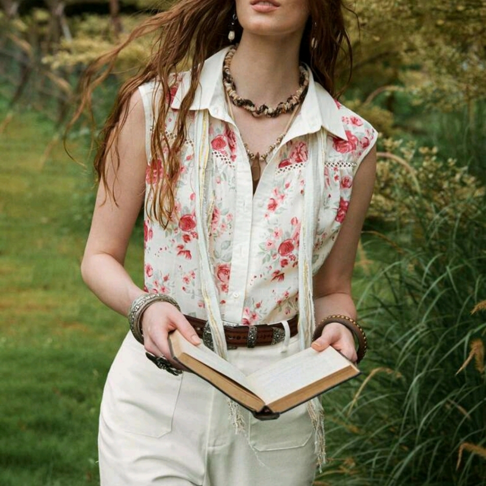 Women's Casual Sleeveless Floral Print Shirt Western Tops Floral Western Blouse - Picture 4 of 6